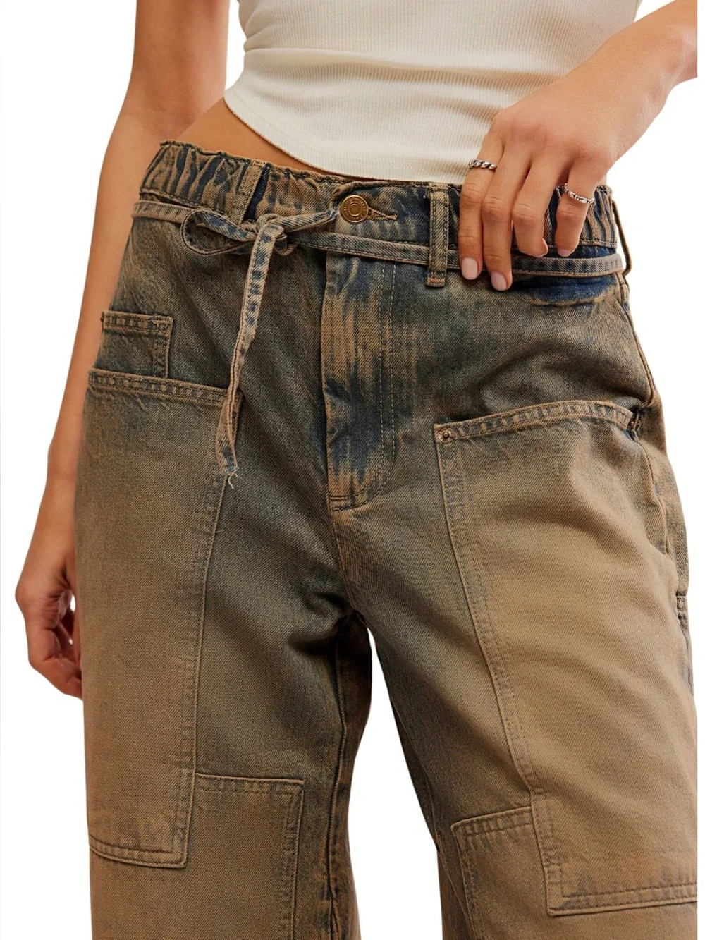 NEW We The Free People Crvy Outlaw Mid-Rise Wide Leg Jeans XL Tan Blue Boho Chic